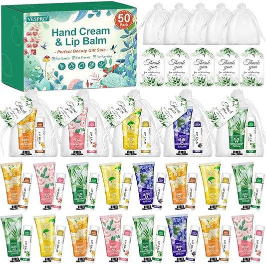 50 Sets Hand Cream Bulk and Lip Balm Bulk Gifts, Stocking Stuffers for Women, Christmas Gifts, Bridesmaid Gifts for Guests with Thank Card Organza Bags, Wedding Favors, Thank You Gifts and Small Gifts