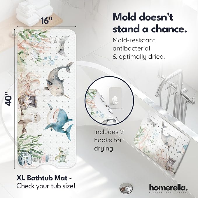 Homerella Baby Bath Tub Mat | Anti Mold Mildew Resistant Non Slip Kids and Adult Bath Tub Shower Mats | 40x16 inch Long with Suction Cups for Secure Grip Hooks for Storage & Drying | Machine Washable