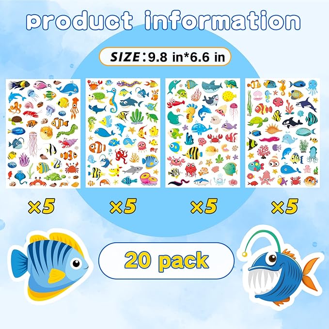 Cute Ocean Sea Animal Adhesive Stickers Tropical Fish Shark Stickers 890 Count for Boys Girls Birthday Invitations Envelopes Mermaid Under The sea Party Goodie Gifts Bags Decor Class Rewards