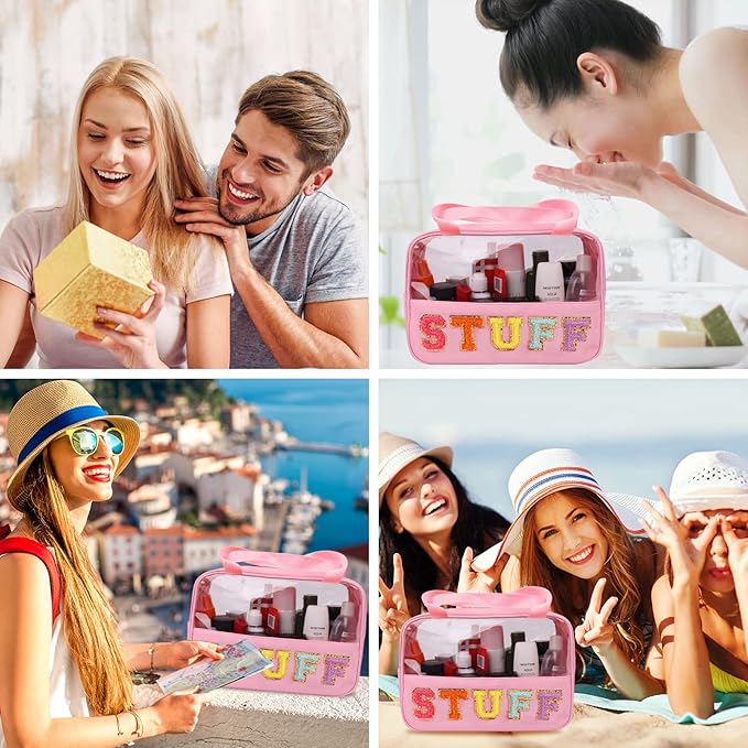 Iqimott Chenille Letter Patch Stuff Bag, Preppy Clear Makeup Cosmetic Bag Large Toiletry Storage Tote Bag with Handle, Transparent Nylon Waterproof Organizer Zipper Pouch for Travel Women Girls(Pink)