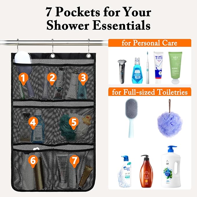 Mesh Shower Caddy Hanging, Quick-Drying Shower Organizer with 7 Pockets, Portable Bathroom Organizers and Storage for Shampoo, Soap, Loofah, Travel, and Cruise Essentials