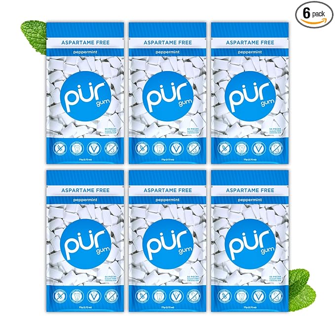 PUR Gum | Aspartame Free Chewing Gum | 100% Xylitol | Natural Peppermint Flavored Gum, 55 Pieces (Pack of 6)