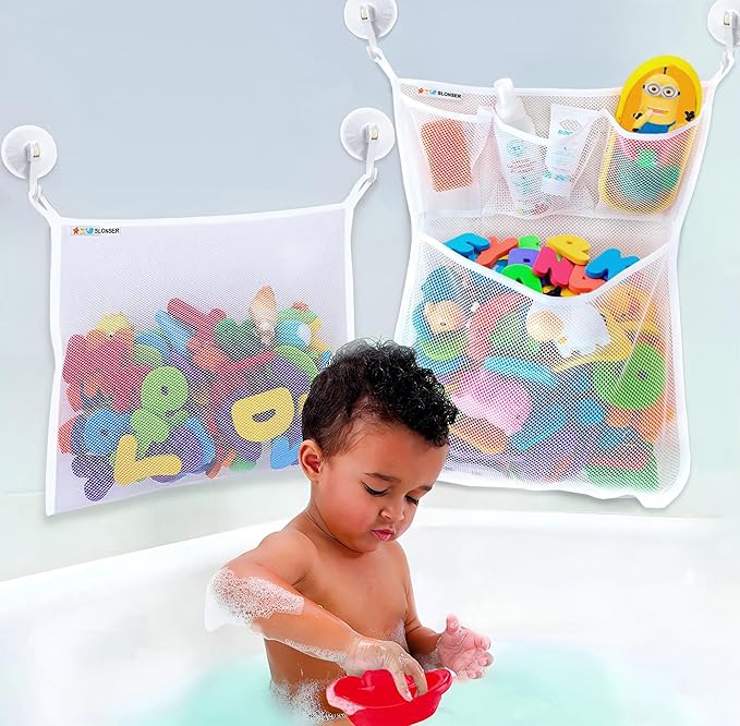 2 x Large Bath Toy Holder, Kids Bath Tub Toy Basket, Corner Mesh Bag, Baby Bathtub Storage Organizer, Bathroom Net Bucket, Toddler Shower Caddy Hanging Bin with 6 Suction Cups, 4 Adhesive Wall Hooks