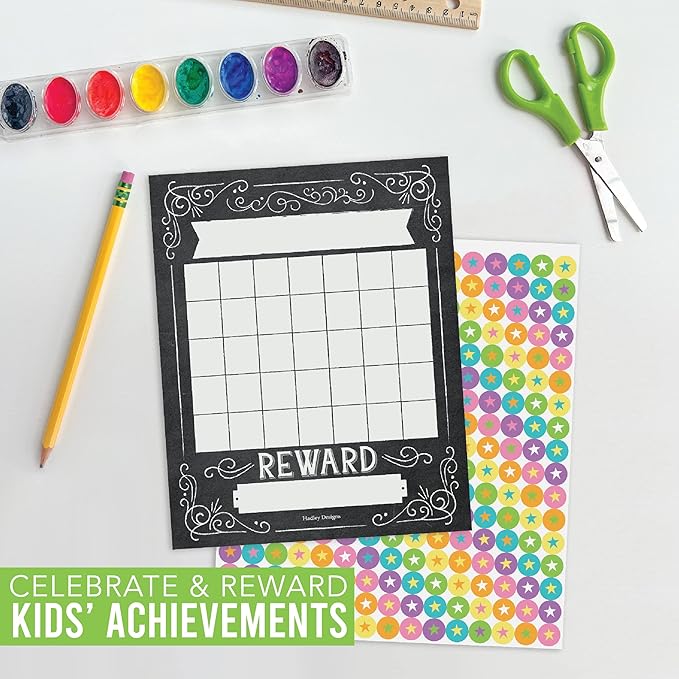 Sticker Chart for Kids Behavior at Home & Classroom - 25 Reward Chart for Kids Incentives, Gold Star Sticker Sheets, Chalkboard Theme Incentive Charts for Classroom Must Haves