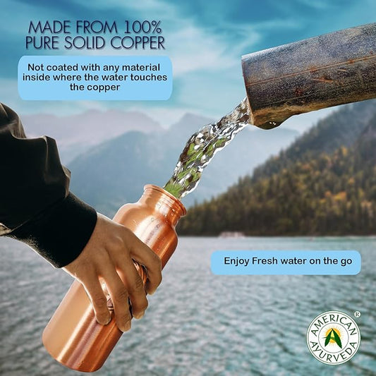 A American Ayurveda 100% Pure Copper Water Bottle Jointfree, Leakproof, Tumbler, Flask, Yoga, Natural Ayurveda Health Benefits, Copper Charged Alkaline Water 900ml (30 Oz) Capacity