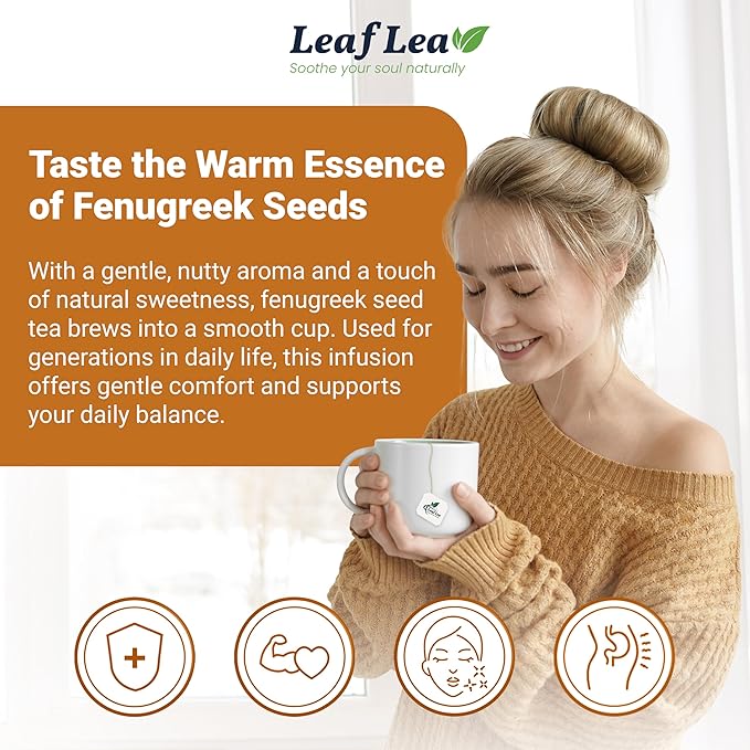 LeafLea 80 Premium Fenugreek Tea Bags, Natural Fenugreek Seed for Toasty Flavor & Sweet Aroma, Fenogreco Tea with Gentle Warmth, Caffeine-Free, Sugar-Free, Vegan, Individually Wrapped for Freshness