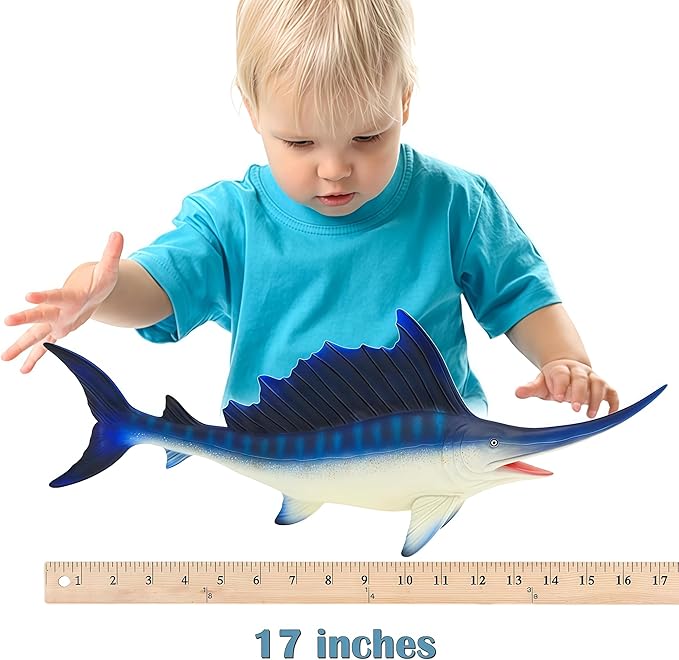Gemini&Genius Sea Animal Sailfish Action Figure Soft Rubber 17” Swimming Pool Bathtub Toys, Realistic Ocean Animals Swordfish Educational and Role Play Toys for Kids and Collectors (Blue Sailfish)