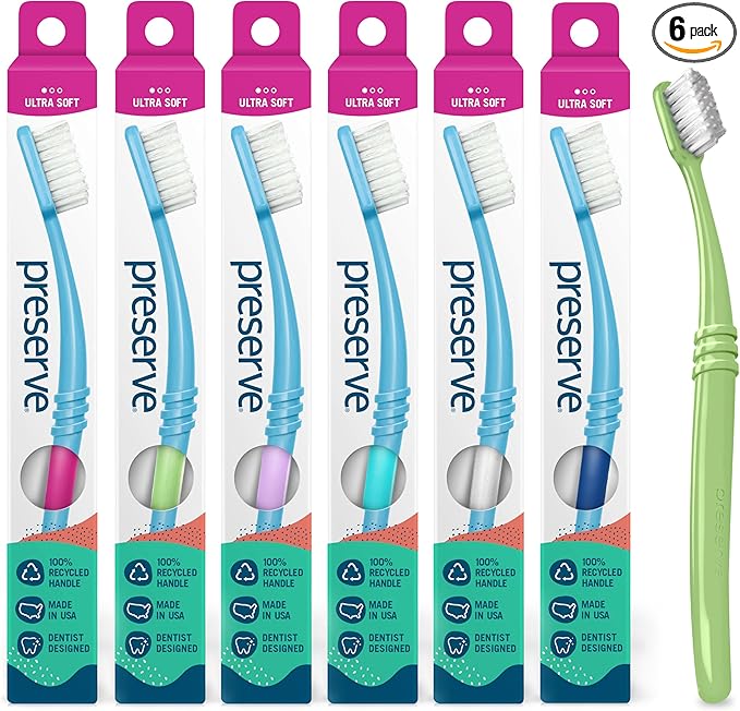Preserve Eco Friendly Adult Toothbrushes, Made in The USA from Recycled Plastic, Ultra Soft Bristles, Paperboard Package, Colors Vary, 6 Count