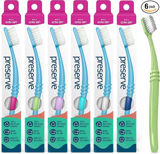 Preserve Eco Friendly Adult Toothbrushes, Made in The USA from Recycled Plastic, Ultra Soft Bristles, Paperboard Package, Colors Vary, 6 Count