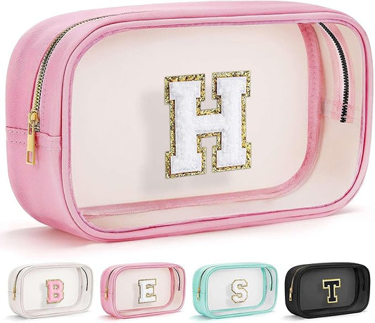 YOOLIFE Travel Toiletry Bag for Women, Pink Clear Makeup Bag Cute Make Up Bag Cosmetic Bags Skin Care Makeup Bag Organizer Birthday Gifts for Women Teacher Mother Girlfriend Initial H