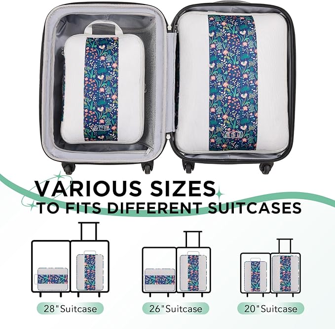 2 Set Compression Packing Cubes for Travel Essentials,Compressible Expandable Packing Cubes for Suitcase,OlarHike Luggage Organizer Bags for Travel(Dark Blue Floral)