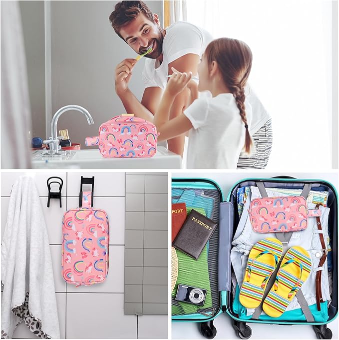 Unicorn Kids Toiletry Bag for Girls, Travel Toiletry Bag for Little Young Girls Cosmetic Bag Makeup Bag Waterproof Hanging Wash Bag Toddler Toiletries, Rainbow Pink
