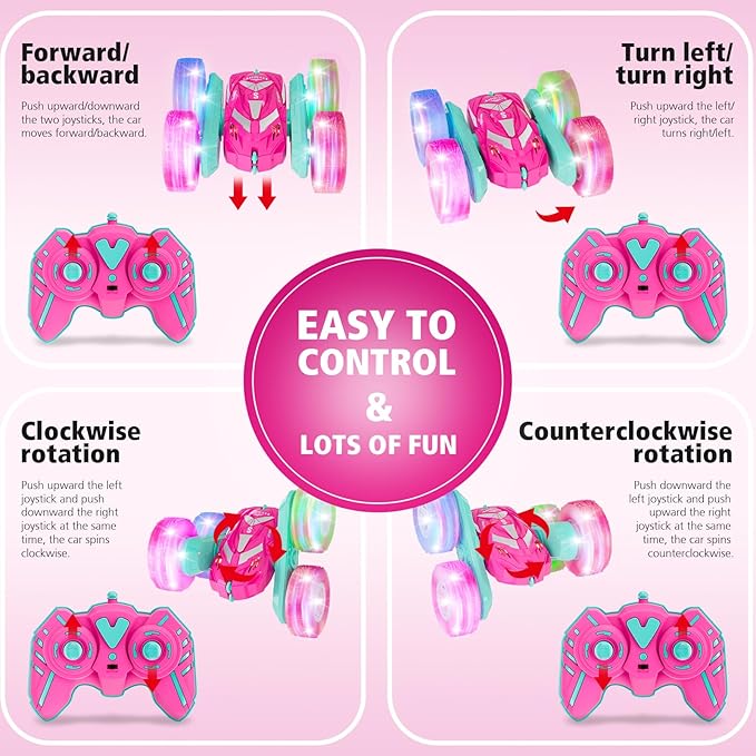 Remote Control Car for Girls 6-12 with Flashing Light, Toys 6 7 8 9 Years Old Girl Birthday Gifts Idea, RC Cars Stunt 4WD 2.4Ghz Double Sided 360° Flip, Present for Kids, Christmas, Pink