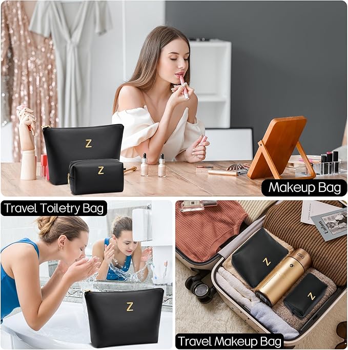 Women Gifts | Initial Makeup Bag Set for Girl Personalized Gifts for Bridesmaid Friend Graduation Teachers PU Leather Cosmetic Travel Toiletry Bag(Black,Z)
