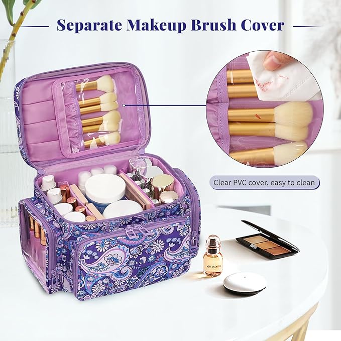 Large Makeup Bag, Portable Travel Makeup Bag Organizer for Women Girls with Makeup Brush Compartment & Two Side Pockets, Cosmetic Travel Bag Vertical Storage Toiletry - Purple