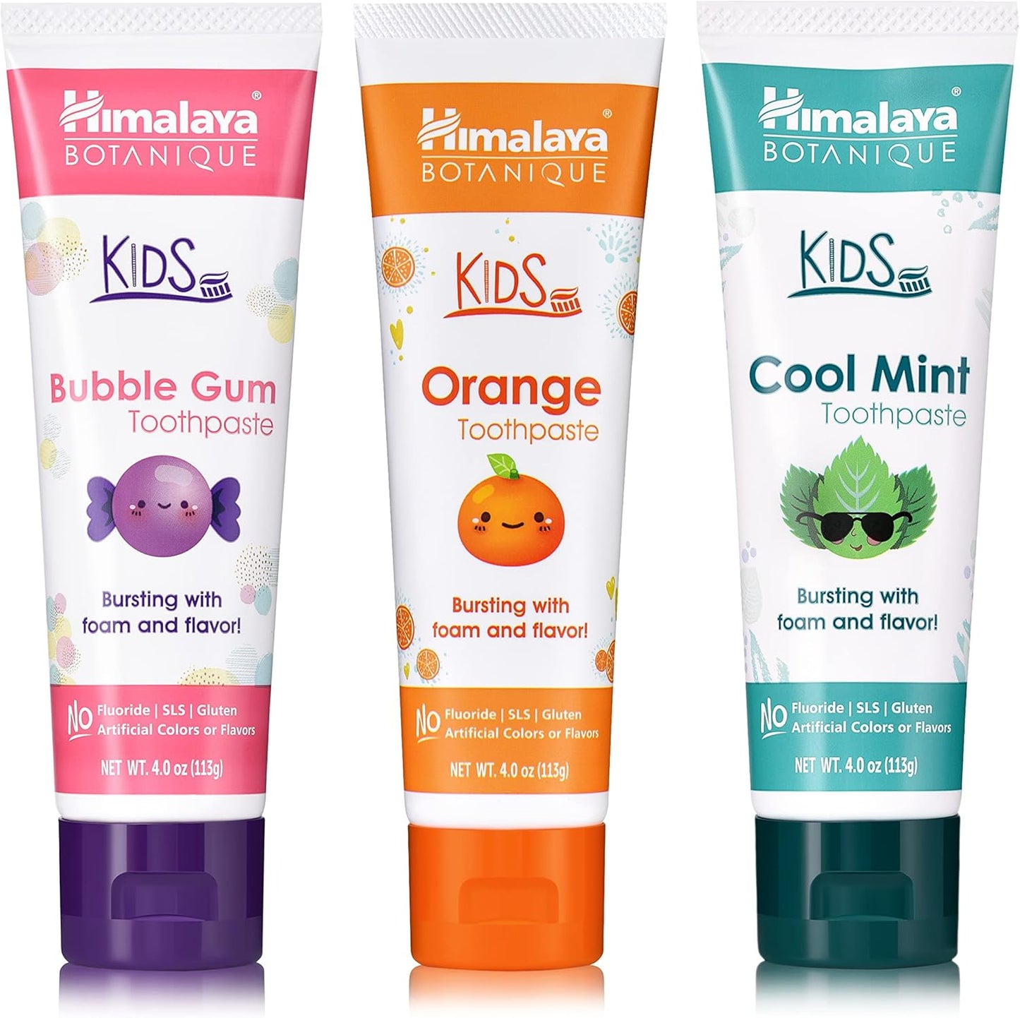 Himalaya Botanique Kids Toothpaste with Xylitol, Variety Pack of Bubble Gum, Orange & Cool Mint - Fluoride Free Toothpaste - Vegan, Gluten Free, No Artificial Flavors or Colors, 4 oz (Pack of 3)