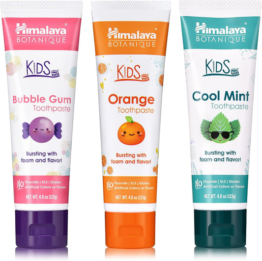 Himalaya Botanique Kids Toothpaste with Xylitol, Variety Pack of Bubble Gum, Orange & Cool Mint - Fluoride Free Toothpaste - Vegan, Gluten Free, No Artificial Flavors or Colors, 4 oz (Pack of 3)
