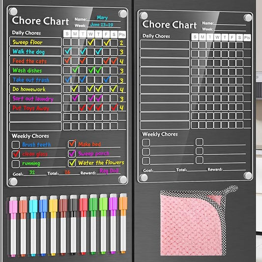 Acrylic Magnetic Chore Chart for Kids,Chores Chart for Fridge Refrigerator,Dry Erase Behavior Chore Chart for Multiple Kids,Reward Chart for Multiple Kids Teens Adults Family,8"x12" (White-2 Pack)