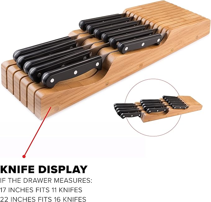 Bellemain 100% Pure Bamboo in Drawer Knife Block | 16 Knife Slots Knife Drawer Organizer | Store Knives Safely with The Blades Down | Storage Solution for Your Kitchen | Knife Organizer Drawer Insert