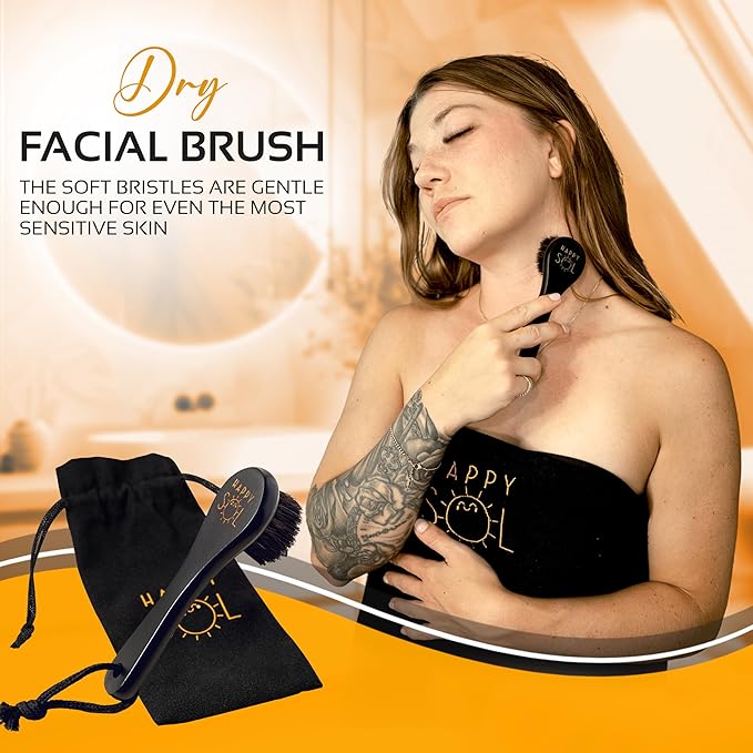 Dry Facial Brush for Lymphatic Drainage by Happy Sol - Dry Brushing Face Brush, High Quality Beechwood, Natural Face Brush That Improve Blood Circulation and Glowing Skin