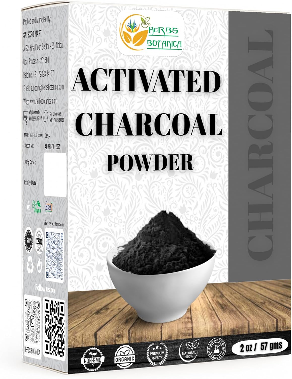Herbs Botanica Activated Charcoal Powder 100% Food Grade Bamboo Charcoal Powder for Baking, Soap Making, Face Masks & DIY Skincare Fine for Multiple Uses 2 oz