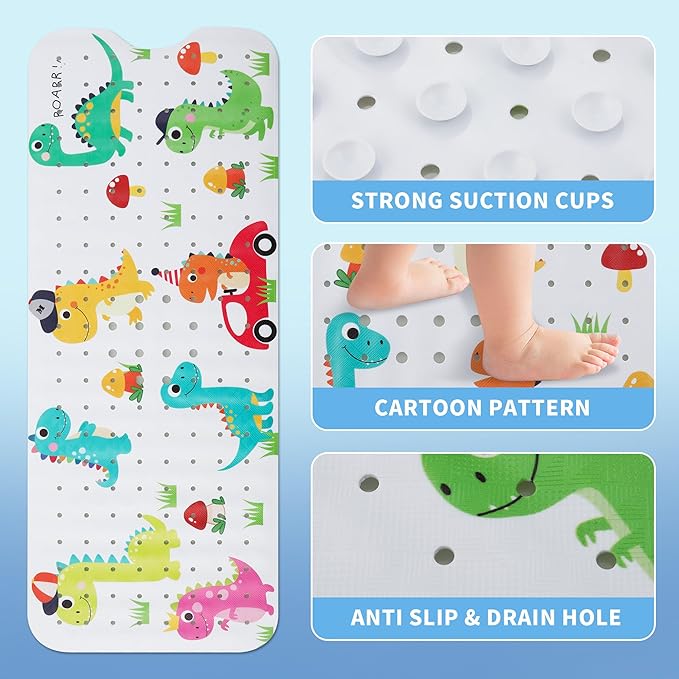 Bath Mat for Tub Non Slip Kids Bathtub Mat Extra Long 40X16 Inch Anti Slip Bathroom Toddler Shower Mat Baby Tub Mat with Suction Cups & Drain Holes (Dinos)