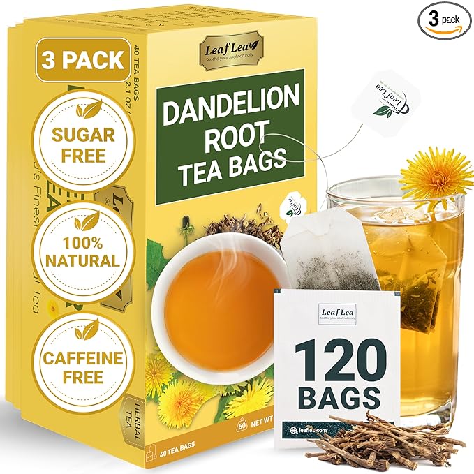 LeafLea 120 Dandelion Root Tea Bags, Dandelion Tea Promotes Healthy Digestion & Immune Function, 100% Natural and Pure from Dandelion Root Herbal Tea, Caffeine-Free, Sugar-Free, Vegan, Pack of 3