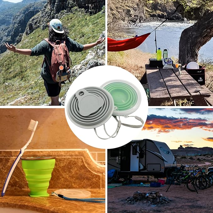 Litoexpe 2 Pack Silicone Collapsible Travel Cup Portable Folding Camping Cup Sets with Lids, Grey & Green