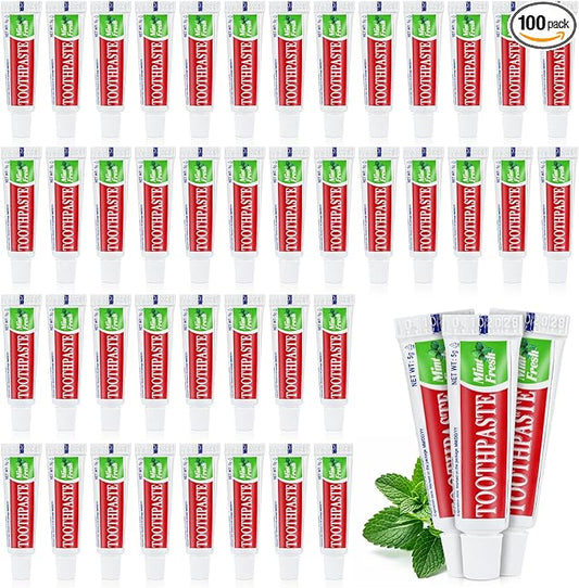 100 Tubes Travel Size Toothpaste in Bulk, Disposable Mini Mint Compact Small Pocket Size Essential Toothpaste for Vacation Hotel Shelter Homeless Nursing Home Charity Camping Single Use 0.17 oz/ 5g