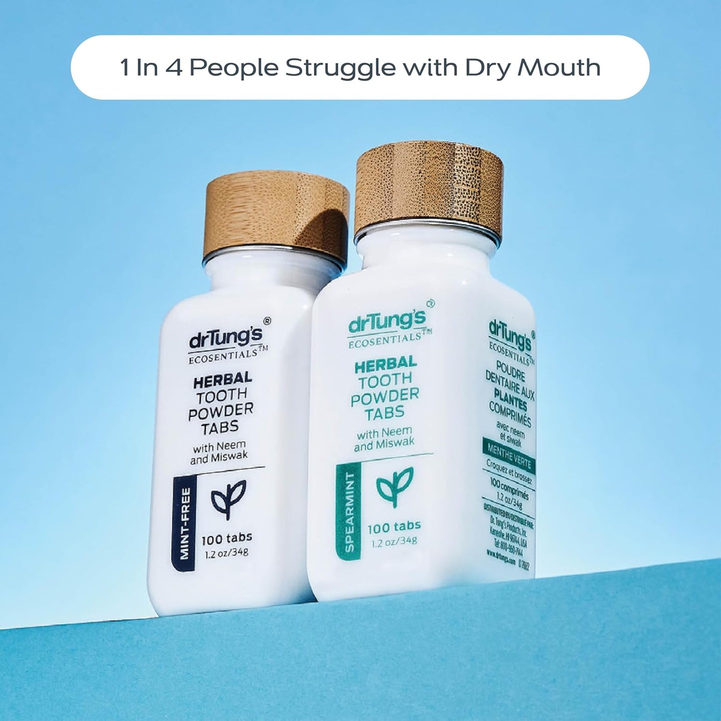 drTung's Herbal Toothpaste Tablets - Toothpaste Tabs for Dry Mouth Relief, Natural Tooth Powder Tablets for Fresh Breath, Fluoride Free, Travel Size, Vegan, Non-GMO - Spearmint (100 Tabs)