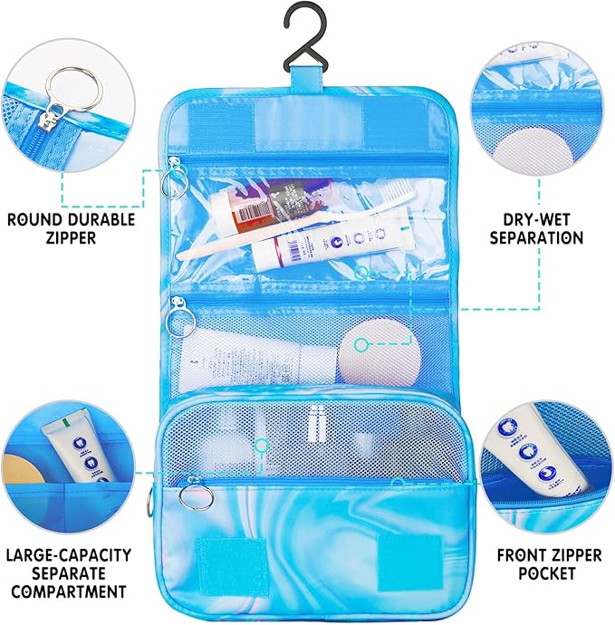 Blue Hanging Toiletry Bag for Girls, Travel Toiletry Bag for Teen Girls Cosmetic Makeup Waterproof Wash Bag Traveling Toiletries, Fluid