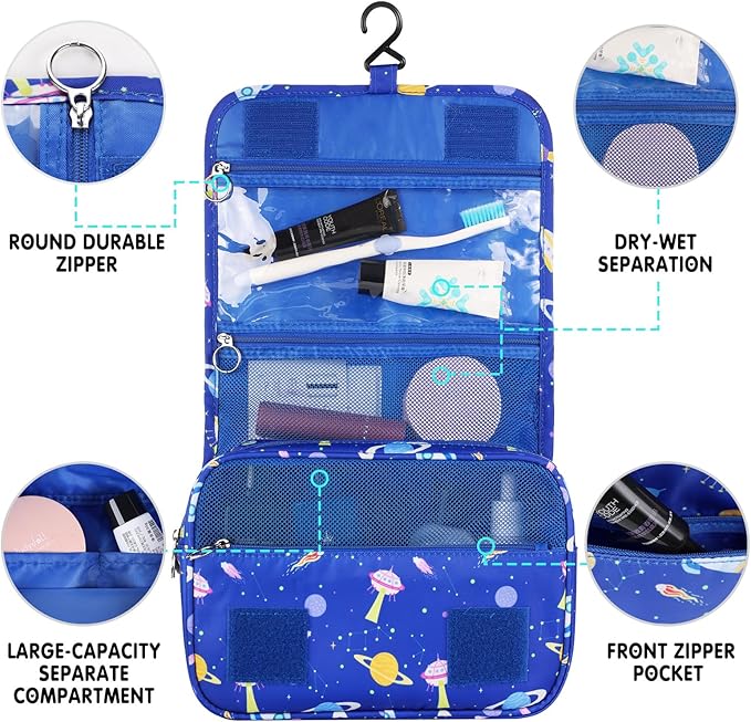 Kids Hanging Toiletry Bag for Boys, Travel Toiletry Bag for Little Young Boys Waterproof Wash Bag Toddler Traveling Toiletries, Space Blue