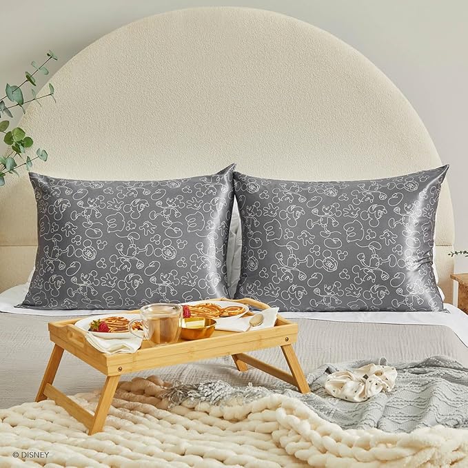 Kitsch & Disney Mickey Mouse Satin Pillowcase with Zipper Softer Than Silk, Cooling Pillow Case for Hair & Skin, Wrinkle-Free, Machine Washable, Queen/Standard 19x26