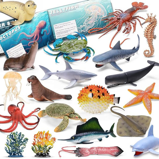 20 Pcs Ocean Animal Toy with Educational Booklet, Plastic Sea Animal with Gift Box, Mini Sea Creature Figures for Kids Age 3+, Birthday Gift, Ocean Theme Party Favor, Water Bath Toy for Toddler
