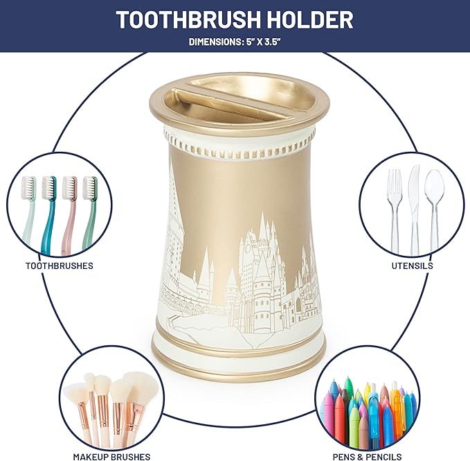 Jay Franco Harry Potter Bathroom Accessories - 2 Piece Gold Hogwarts Crest Resin Bathroom Décor and Storage Set Includes Toothbrush Holder and Soap Dish Set