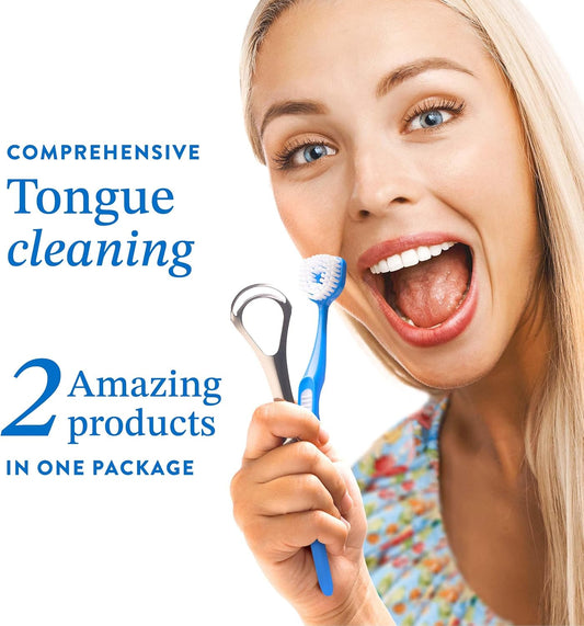 Mouthology Tongue Brush & Tongue Scraper (Combo Pack), Reduce Bad Breath & Improve Oral Hygiene, Tongue Scraper Brush for Adults Ergonomic Handle & Protective Cap, Tongue Cleaner