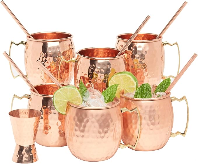 [Gift Set] Moscow Mule Copper Mugs Set of 6 (16oz) w/Straws & Jigger | 100% Pure Copper Cups, Tarnish-Resistant Food Grade Lacquered Finish, Ergonomic Handle (No Rivet) w/Solid Grip