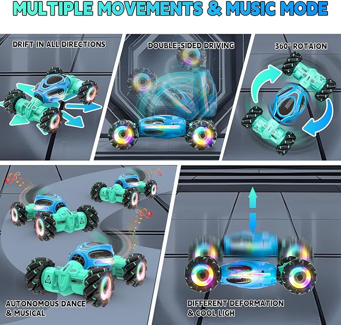 Remote Control Car for Boys - RC Cars for Boy Age 4-12, Gesture Sensing RC Stunt Drift Car for Kids Toys 4 5 6 7 8 9 10 11 12 Year Old Boy Birthday with Cool Lights Music (Blue)