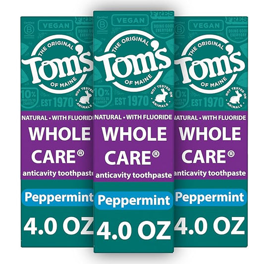 Tom's of Maine Whole Care Natural Toothpaste with Fluoride, Peppermint, 4 oz. 3-Pack (Packaging May Vary)