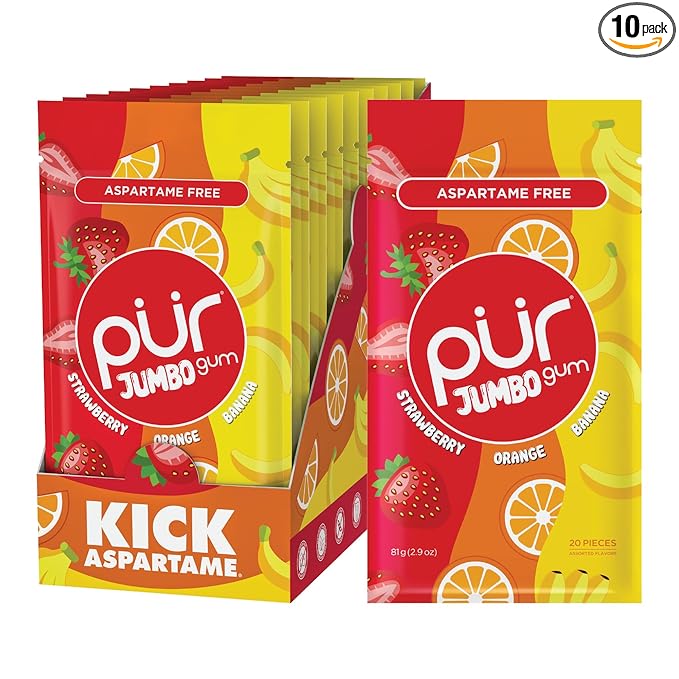 PUR Jumbo Gum | Aspartame Free Chewing Gum | 100% Xylitol | Natural Strawberry, Banana, Orange Flavor, 20 Pieces (Pack of 10)