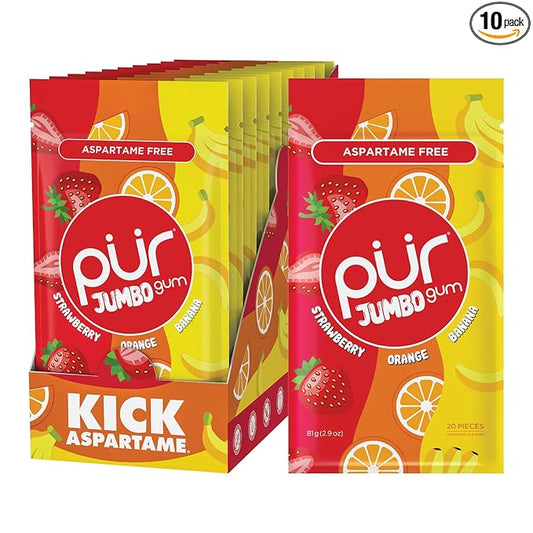PUR Jumbo Gum | Aspartame Free Chewing Gum | 100% Xylitol | Natural Strawberry, Banana, Orange Flavor, 20 Pieces (Pack of 10)