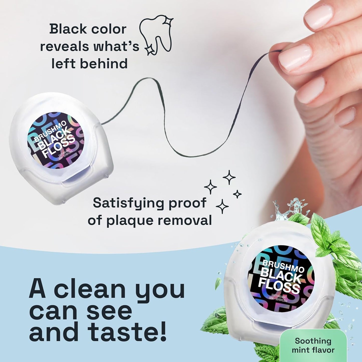 Brushmo Black Floss (BBFloss) - Expanding Floss, Gum-Friendly Soothing Mint Dental Floss, Natural Vegan Wax to Remove Plaque from Teeth, Dentist Designed PTFE & PFAS Free Oral Care, 2 Spools, 110 yd