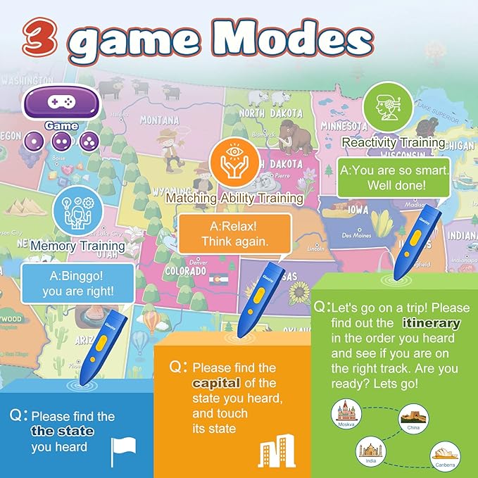 V2 Interactive Bilingual United States Map for Kids Learning, Talking USA Map Poster Geography Games Personalized Toys for Boys & Girls Ages 3-12