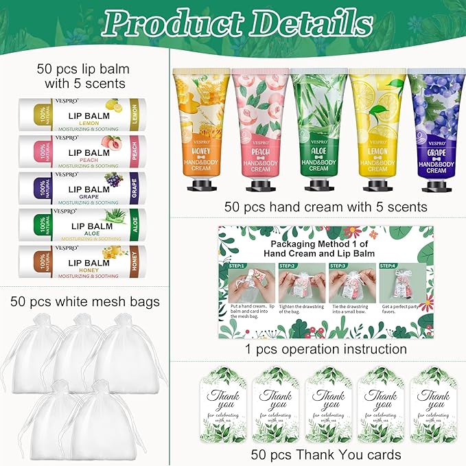 50 Sets Hand Cream Bulk and Lip Balm Bulk Gifts, Stocking Stuffers for Women, Christmas Gifts, Bridesmaid Gifts for Guests with Thank Card Organza Bags, Wedding Favors, Thank You Gifts and Small Gifts