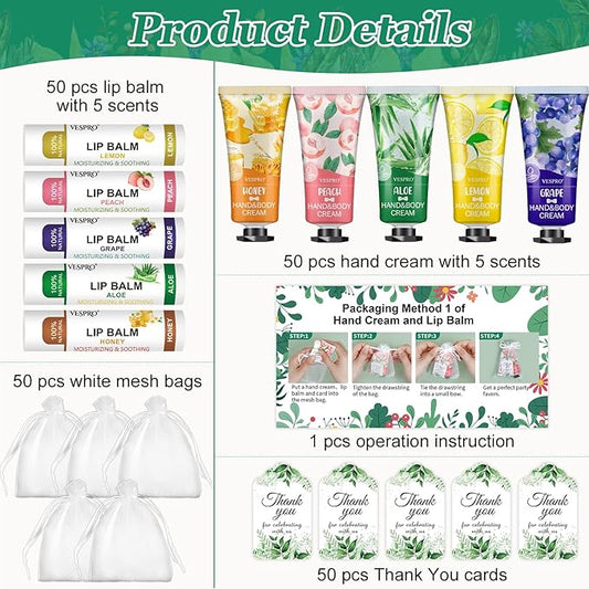 50 Sets Hand Cream Bulk and Lip Balm Bulk Gifts, Stocking Stuffers for Women, Christmas Gifts, Bridesmaid Gifts for Guests with Thank Card Organza Bags, Wedding Favors, Thank You Gifts and Small Gifts