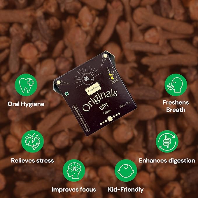 Gud Gum- Natural, Plastic Free Chewing Gum- Clove, Cardamom, Fennel, Cinnamon- 21g x 4 - Mini Pack of 4- No added artificial colours, flavours & sweeteners (Pack of 4, Clove)