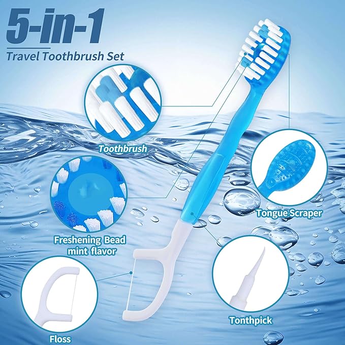 36 Pack Mini Disposable Toothbrushes – 5-in-1 Prepasted Travel Toothbrush with Toothpaste Floss & Pick for Hotel Camping Flight Car Guest Use – 9ct per Portable Case Essentials for Women Men Kids