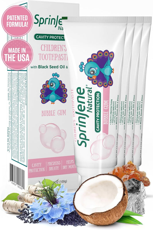 SprinJene Natural Children’s Toothpaste – Fluoride Bubblegum Toothpaste for Kids & Toddlers – Safe Gentle Formula for Cavity Protection – Made in The USA with Black Seed Oil & Zinc (4 Pack)