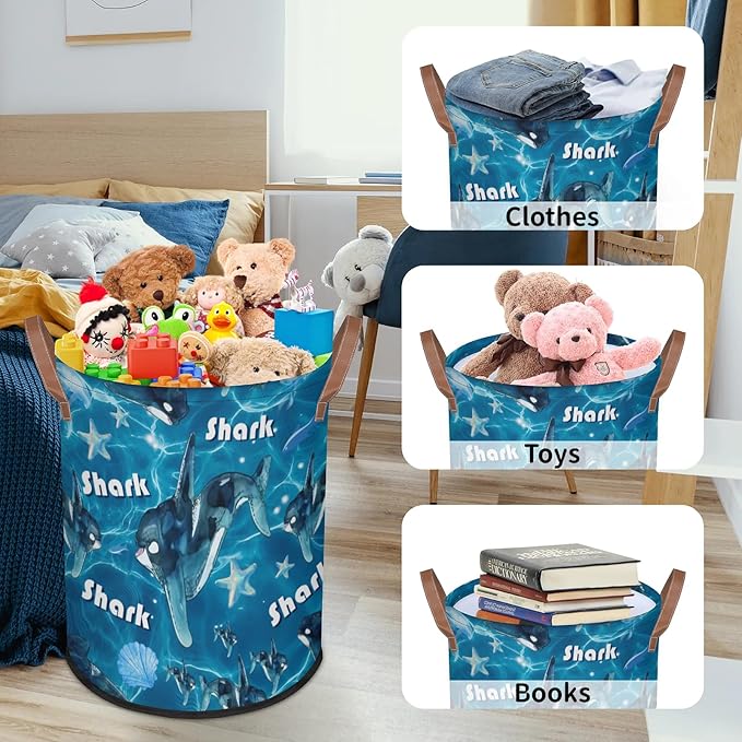 Shark 62L Laundry Basket for Clothes Books Toys Adult Kids Rotundity Laundry Hampers Bin for Bathroom Kitchen Hotel