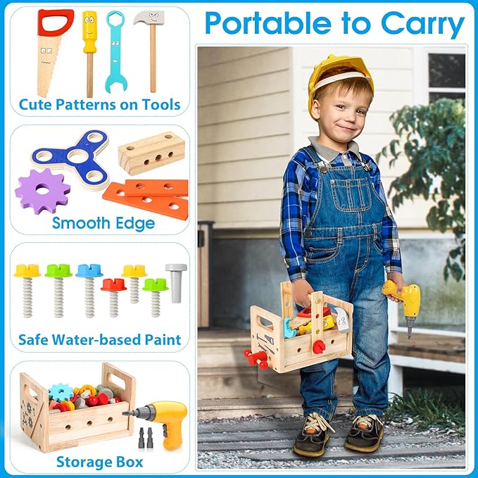 Kids Tool Set with Electric Drill, 39 Pcs Wooden Toddler Play Tool Bench Kits with Tool Box, Montessori STEM Educational Pretend Construction Toy for 3 4 5 6 Year Old Boys Girls Birthday Gifts